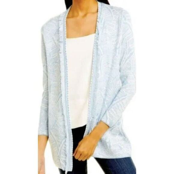 J McLaughlin Sz S Marguerite Open Cardigan Eyelash Trim Geo Print Icy Blue White - Picture 1 of 7
